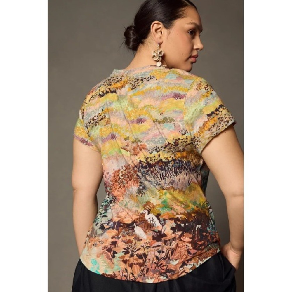 Anthropologie Michelle Morin Notched Tee Landscape Artsy Cotton Boho V-Neck L - Picture 3 of 9